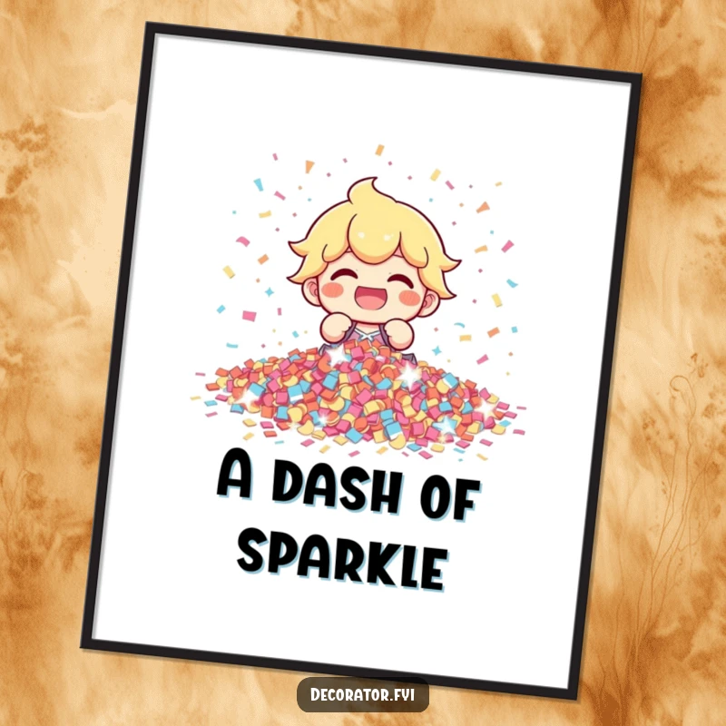 Funny character with a gleeful expression, arranging shimmering confetti, conveying pure festive energy, ideal for digital wall art.