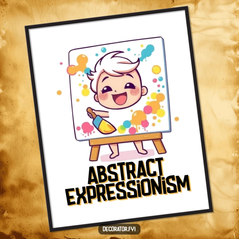 Funny digital art print of a happy character gleefully splattering paint onto a canvas with a broad brush, celebrating messy creation.