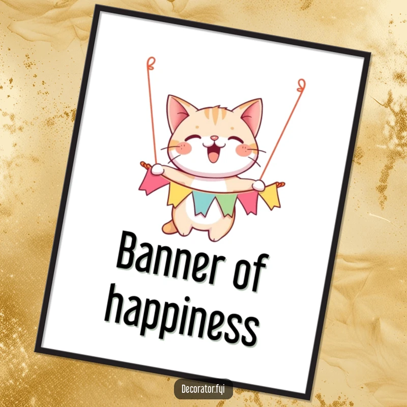 Funny digital art print of a happy cat character gleefully hanging a festive banner, spreading party cheer.