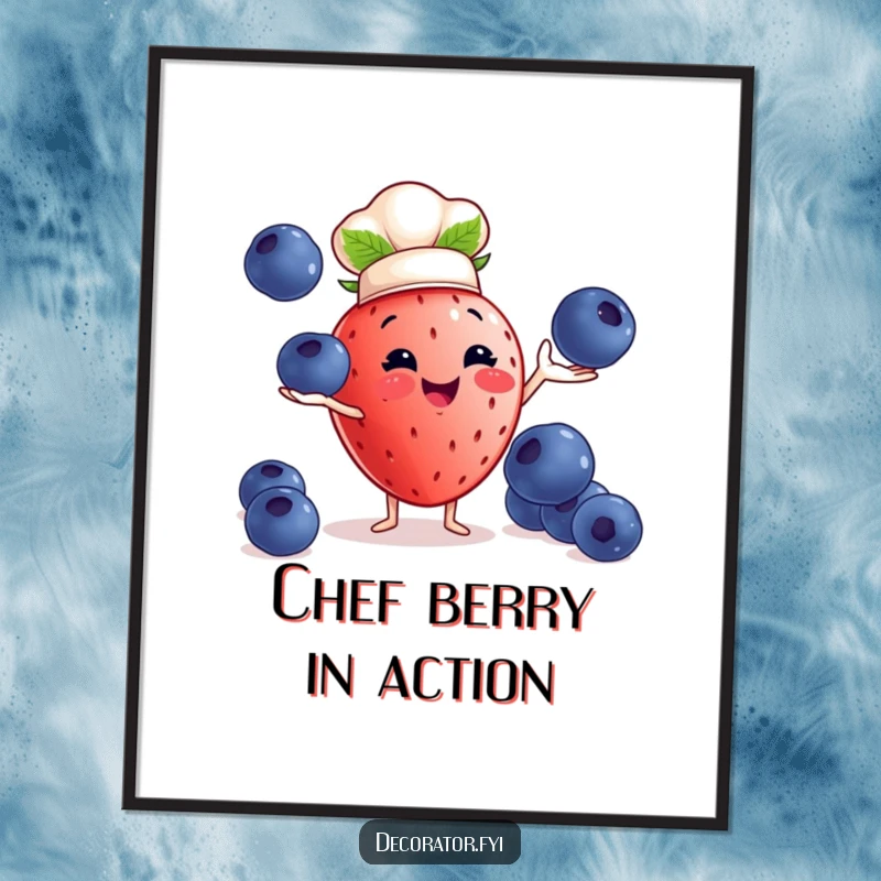Funny strawberry chef digital art print: a strawberry juggles blueberries, instant culinary decor.