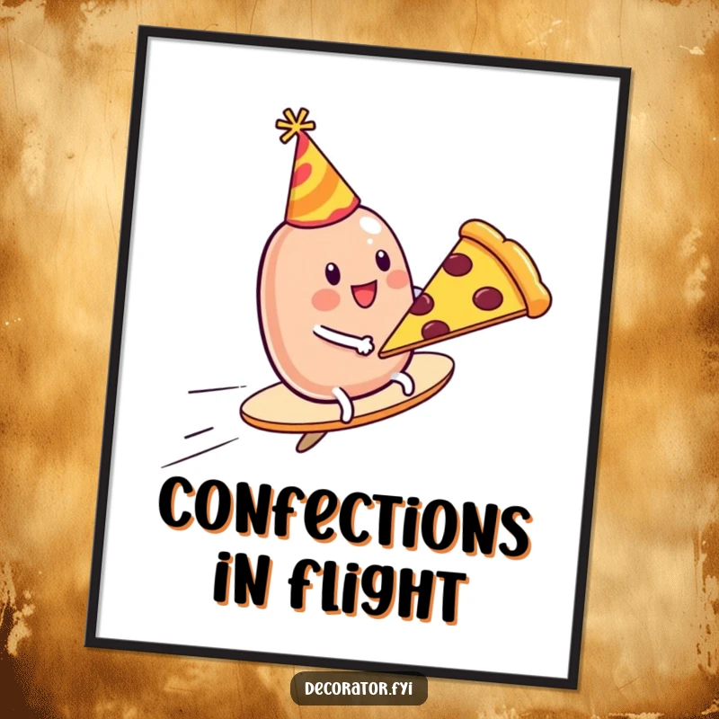 Funny Digital Art Print: A wobbly jelly bean in a party hat joyfully rides a flying pizza slice, adding instant humor.