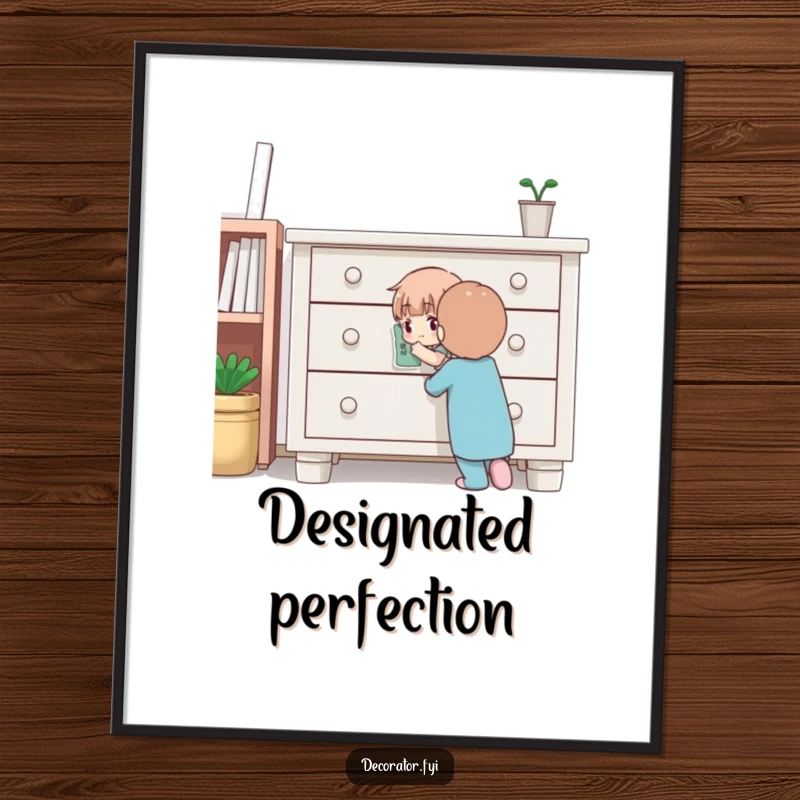Funny digital art print depicting a determined character meticulously applying a small sticker to furniture, celebrating the humor of precise home decoration.