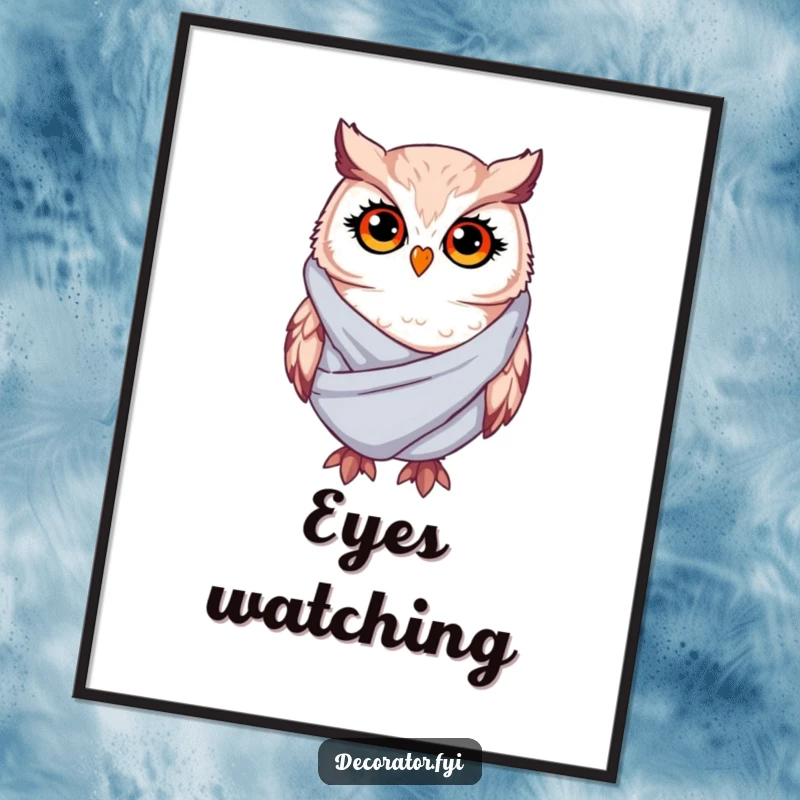 Funny Digital Art: A whimsical owl with twinkling eyes drapes soft fabric, a humorous and enchanting artwork for instant download.