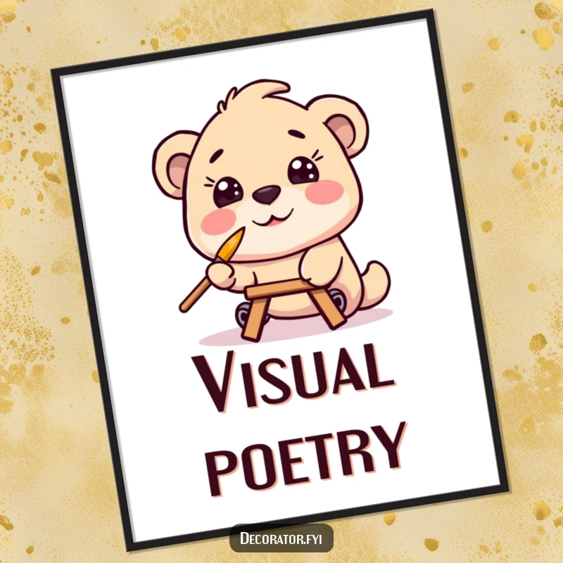 Funny digital art print depicting a smiling character intently balancing a small paintbrush on its nose while painting, ready to create a masterpiece humorously.