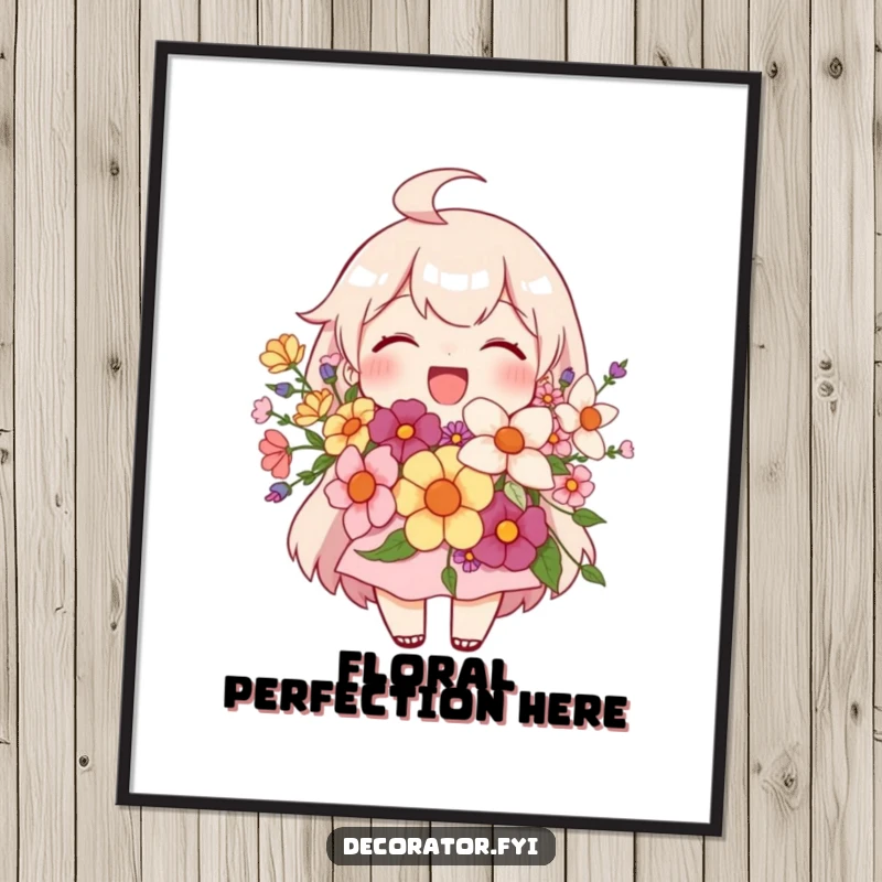 Funny digital art print of a joyful character proudly holding a beautiful floral arrangement, offering instant cheer and floral beauty.