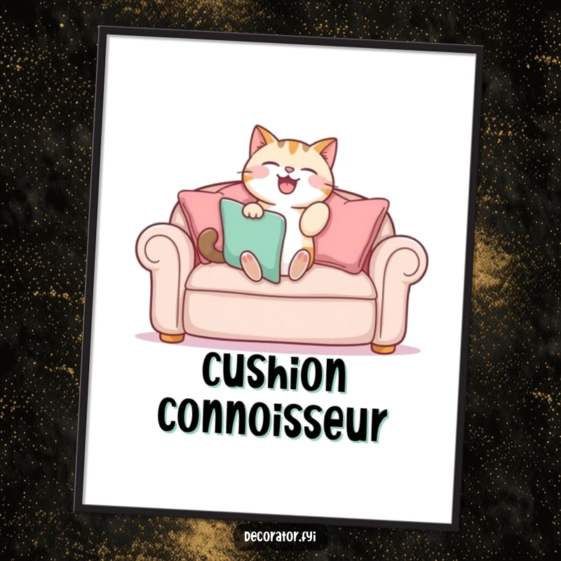 Funny digital art print: a cat gleefully arranges sofa cushions, a whimsical and humorous piece celebrating pet-centric decor.
