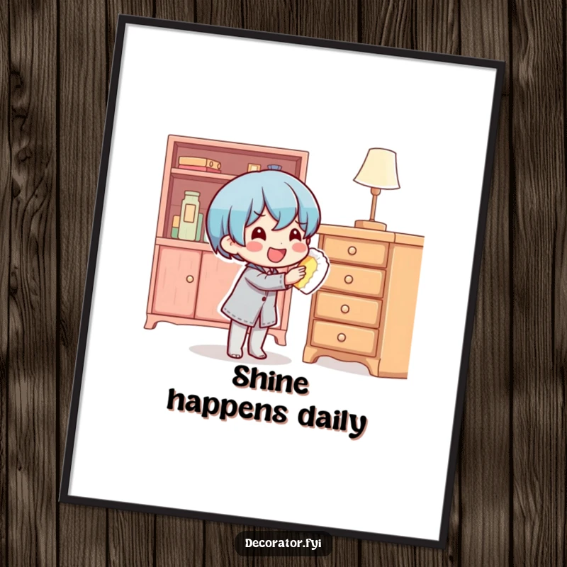 Funny content character happily polishing shiny furniture, depicted as a vibrant digital art print.