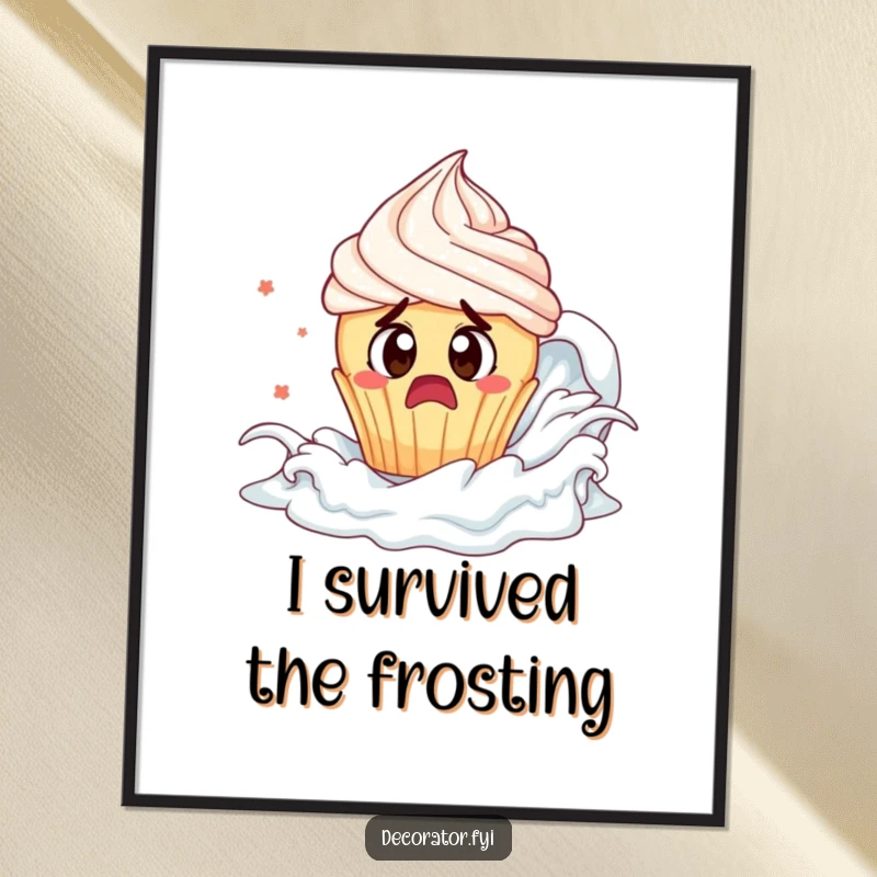 Funny cupcake frosting tsunami digital art print: a startled cupcake flees frosting, instant sweet decor.