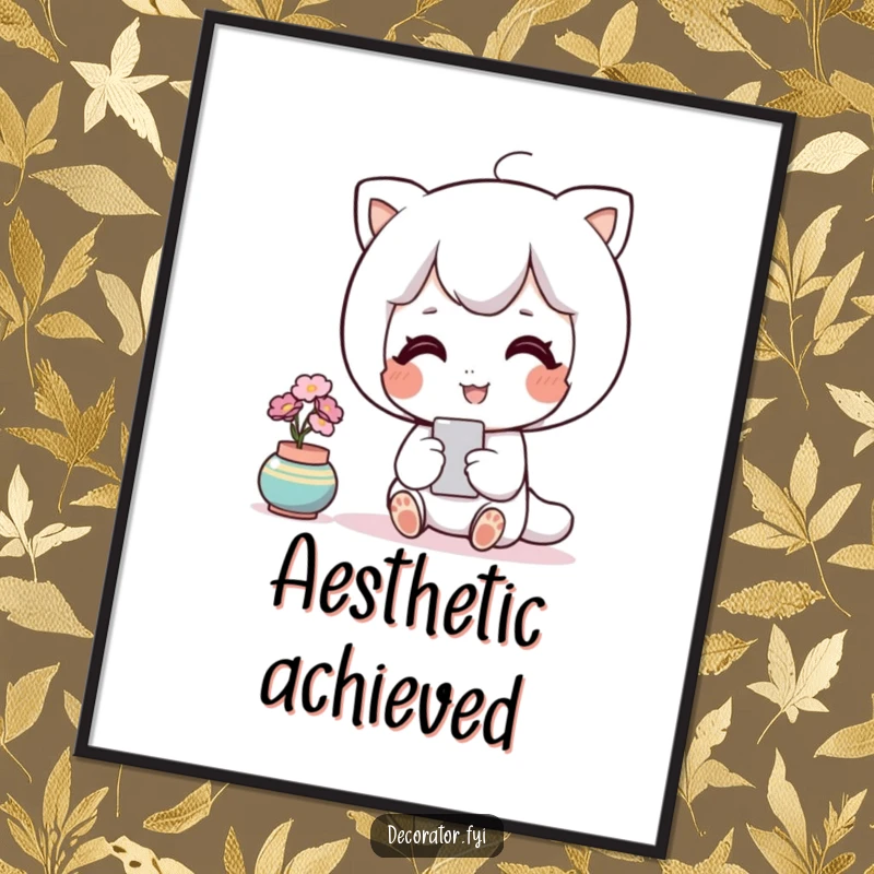 Funny decor digital art print of a contented character happily admiring a perfectly placed accent piece with serene satisfaction.