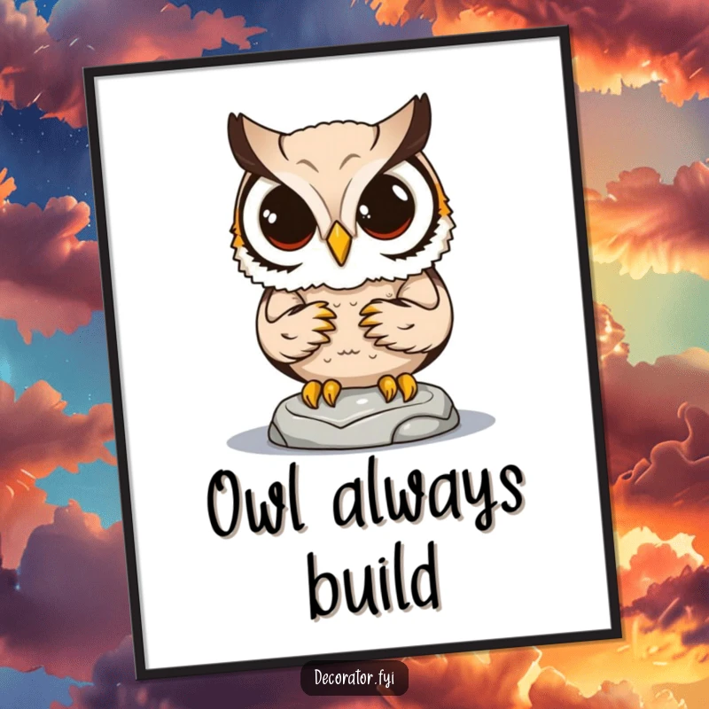 Funny digital art print of a determined owl character focused on placing a small statue, conveying meticulousness humorously.