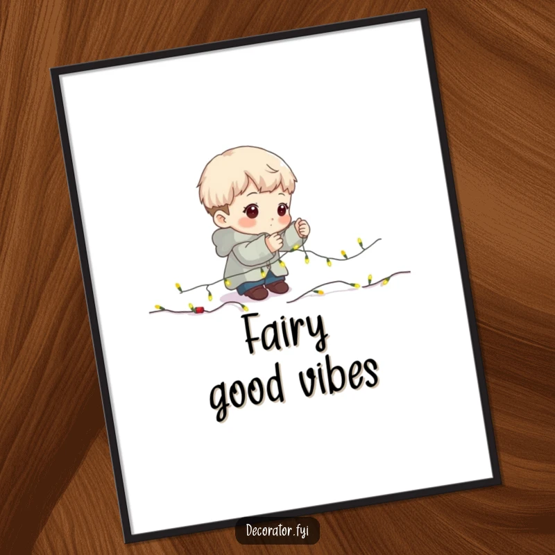 Funny Digital Art Print: Determined character carefully placing tiny fairy lights on a garland.