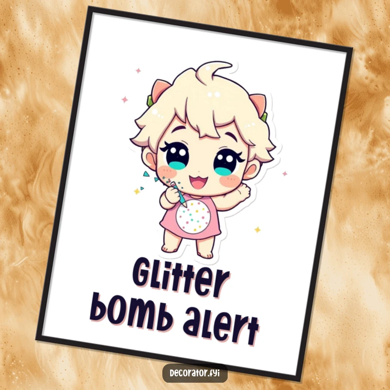 Funny digital art print of a cheerful character applying glitter to a festive design, bringing sparkle and joy to any wall.