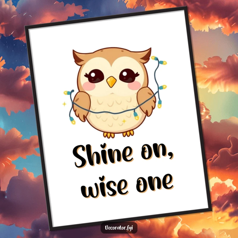 Funny digital art of a giggling owl character joyfully draping twinkling lights, ready for instant humorous display.