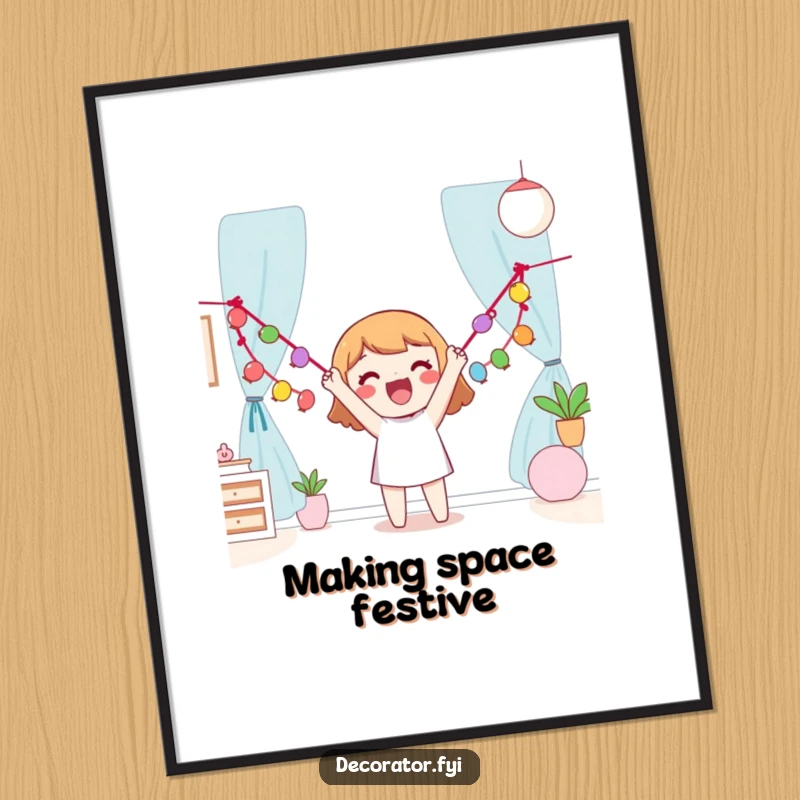 Funny Digital Art Print of a happy character enthusiastically hanging a colorful garland, capturing pure festive joy.