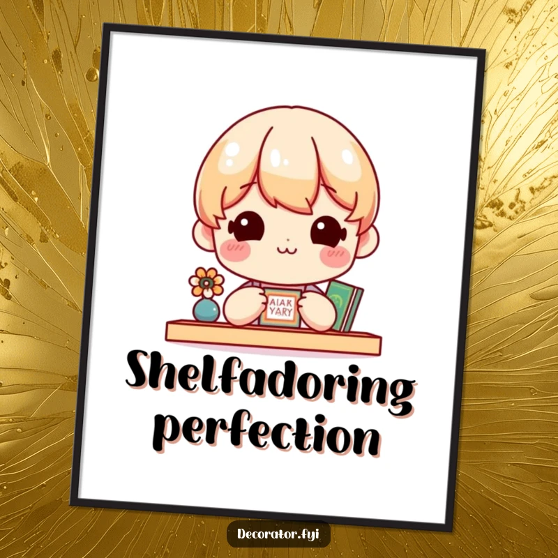 Funny Digital Art Print of a cheerful character with pure delight, admiring a small, exquisitely decorated shelf.