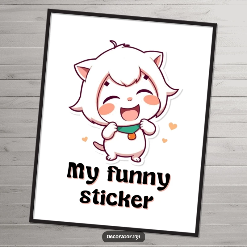 Funny Digital Art Print of a mischievous character giggling gleefully while placing a funny sticker with artistic flair.