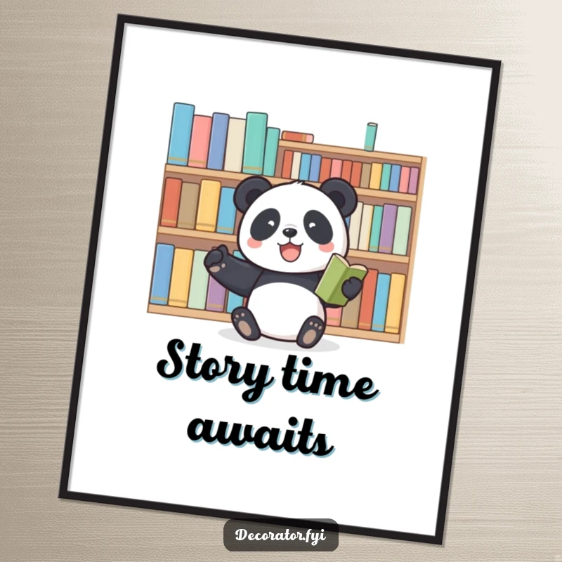 Funny digital art print of a joyful panda enthusiastically arranging books, perfect for adding literary humor and charm to any room.
