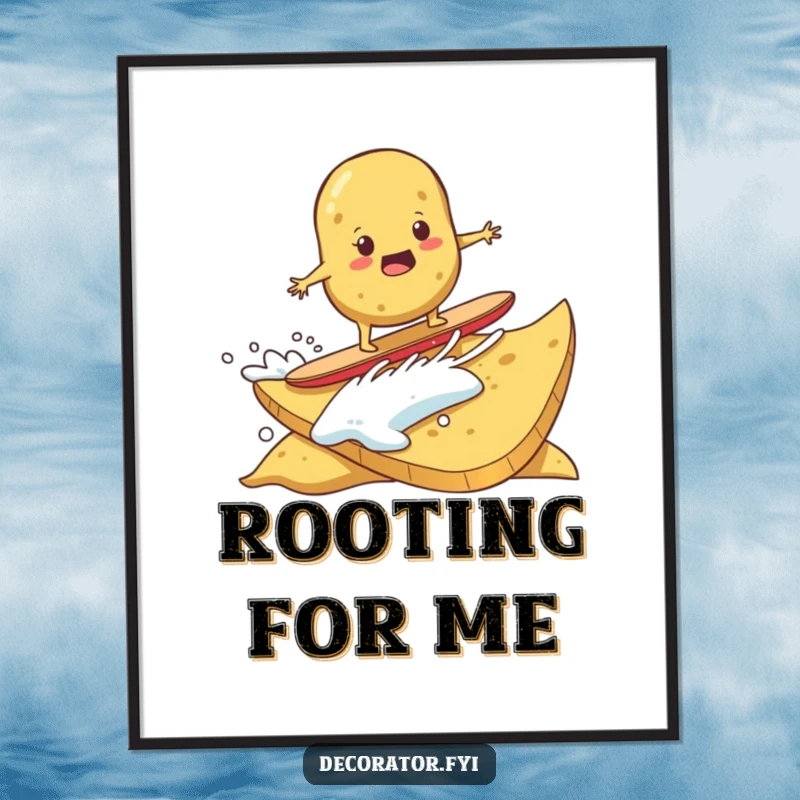 Funny digital art print of a determined potato surfing on a giant potato chip. Adventurous wall decor.