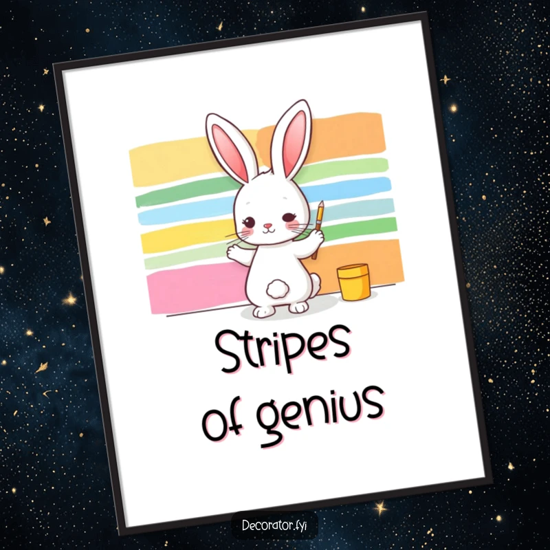 Funny digital art print: a rabbit artist joyfully paints colorful stripes on a wall, a whimsical and humorous piece.