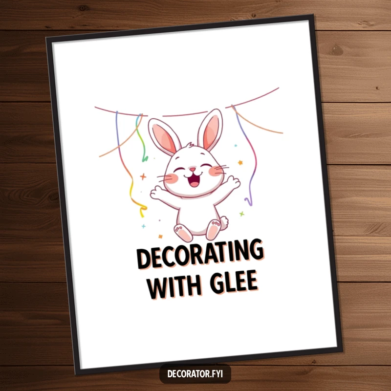 Funny happy rabbit character joyfully hanging colorful streamers with a cheerful bounce, creating humorous and festive digital art.