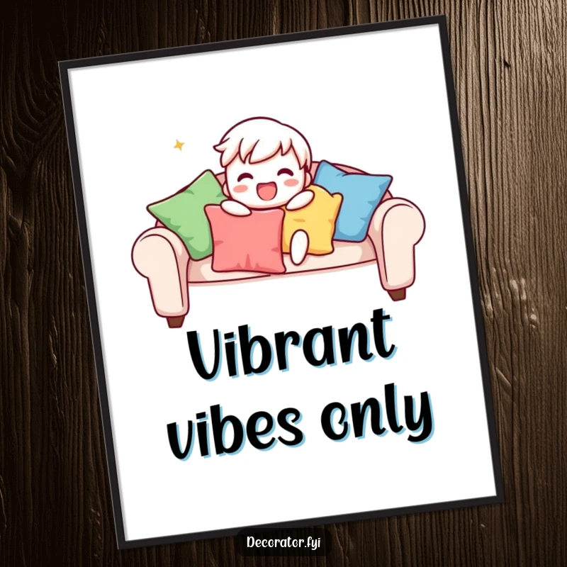 Funny digital art print depicting a playful character gleefully arranging colourful cushions on a sofa, bringing vibrant energy and humorous design.