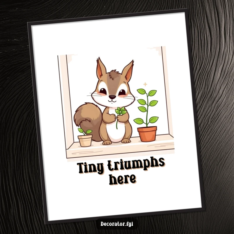 Funny squirrel digital art print, a determined character carefully placing a tiny plant on a shelf, offering instant humorous gardening wall art.