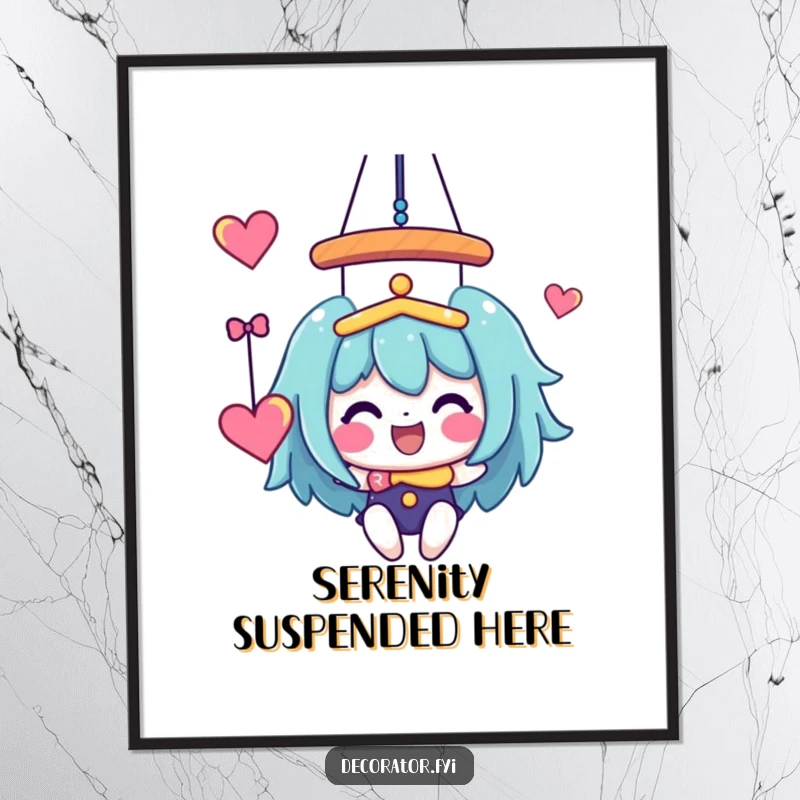 Funny Digital Art Print: A joyful character busy hanging a whimsical, colorful mobile, symbolizing creativity and happiness.