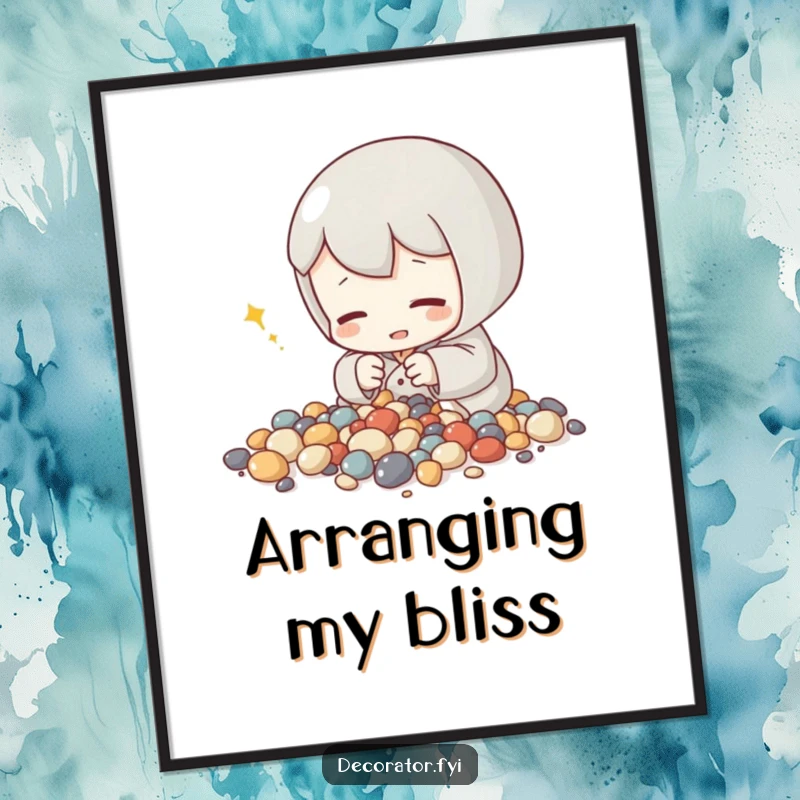 Funny digital art print of a content character arranging tiny decorative stones, offering instant calm and mindful humor.