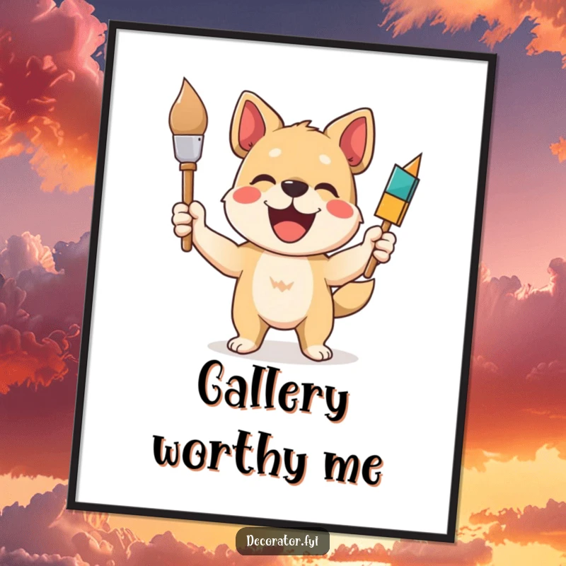 Funny digital art print of a delighted dog artist holding a paintbrush aloft, perfect for instant wall decor and artistic expression.