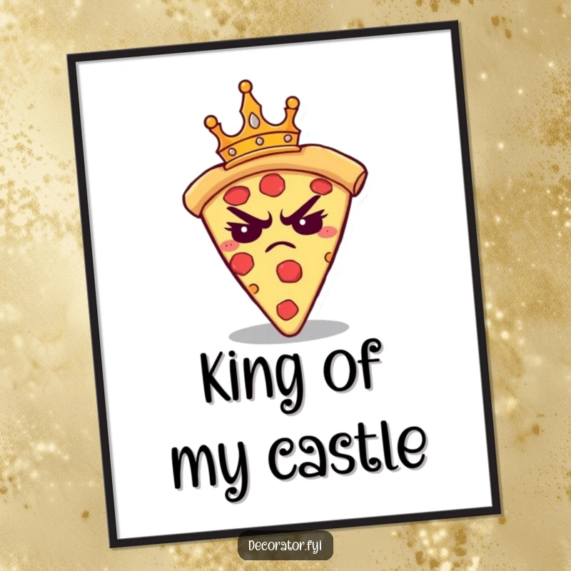 Funny digital art print of a grumpy pizza slice wearing a small crown, looking annoyed. High-resolution wall decor.