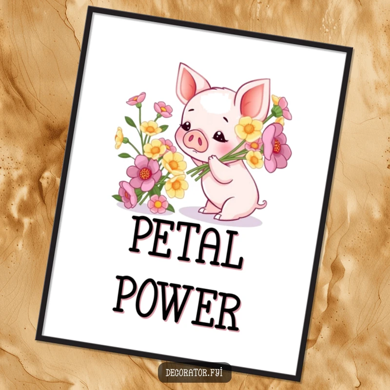 Funny digital art print: a piglet admires a bouquet of flowers, a whimsical and heartwarming piece celebrating nature's beauty.