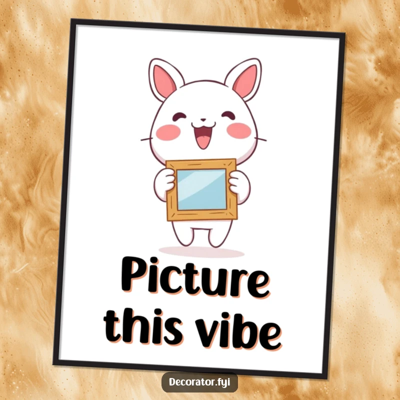 Funny digital art print of a lively character excitedly hanging a small, whimsical picture frame, radiating artistic joy.