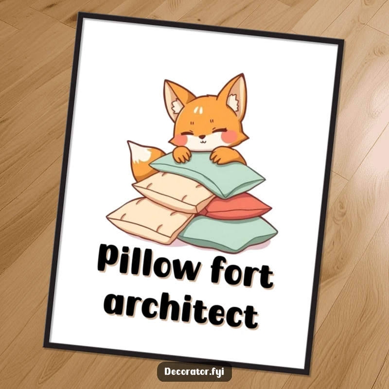 Funny mischievous fox character winking while arranging a pile of cushions, creating humorous and cozy digital art.