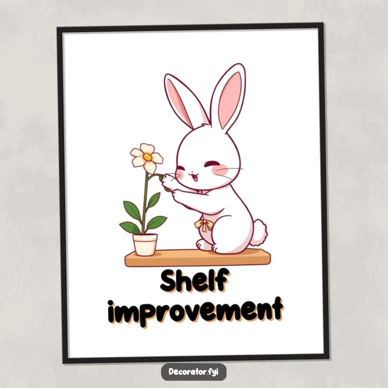 Funny rabbit digital art print of a perky rabbit carefully placing a delicate flower on a shelf, showcasing gentle care.