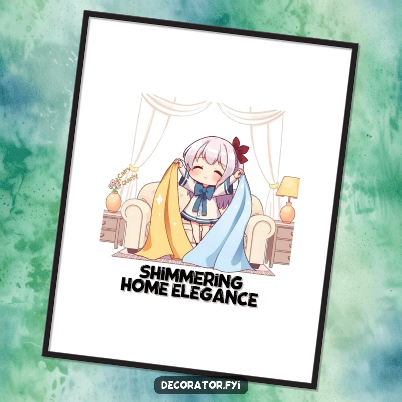 Funny Digital Art Print: Character gleefully drapes shimmering fabric over furniture, whimsical and elegant design, high resolution.