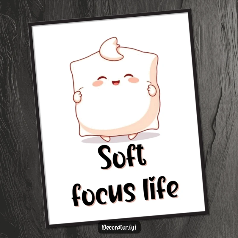 Funny digital art print depicting a happy character joyfully fluffing a giant pillow with both hands, radiating pure comfort and cheerful vibes.