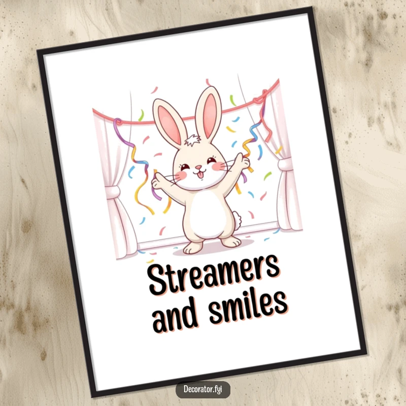 Funny bunny with a wide, happy smile, decorating a room with vibrant streamers, conveying pure festive energy, ideal for digital wall art.