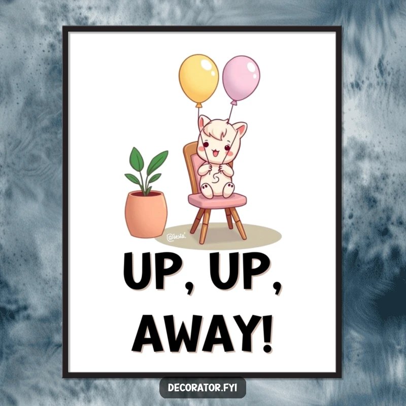 Funny digital art print of a mischievous character tying balloons to a chair, offering instant humor and playful decor.