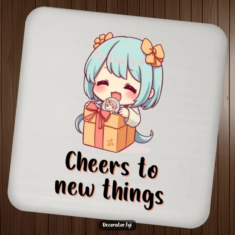 Funny drink coaster featuring a character excitedly unwrapping a delicate, decorative figurine, protecting surfaces with a humorous touch of collecting joy.