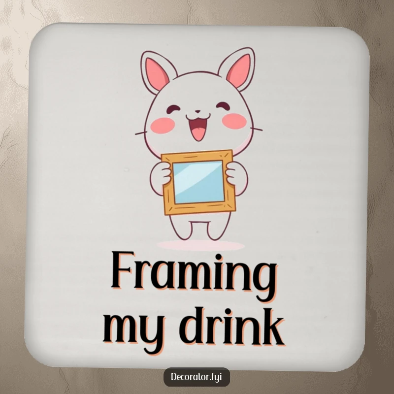 Funny drink coaster featuring a lively character enthusiastically hanging a small, whimsical picture frame, adding artistic flair.