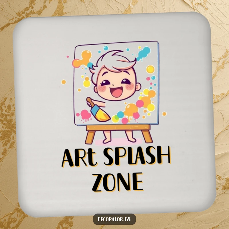 Funny drink coaster featuring a happy character gleefully splattering paint onto a canvas with a broad brush, protecting surfaces with humor.
