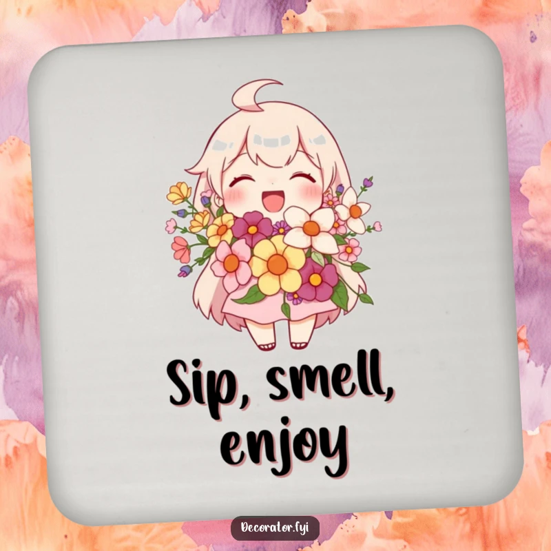 Funny drink coasters showcasing a joyful character proudly displaying a beautiful floral arrangement, adding floral charm to tabletops.