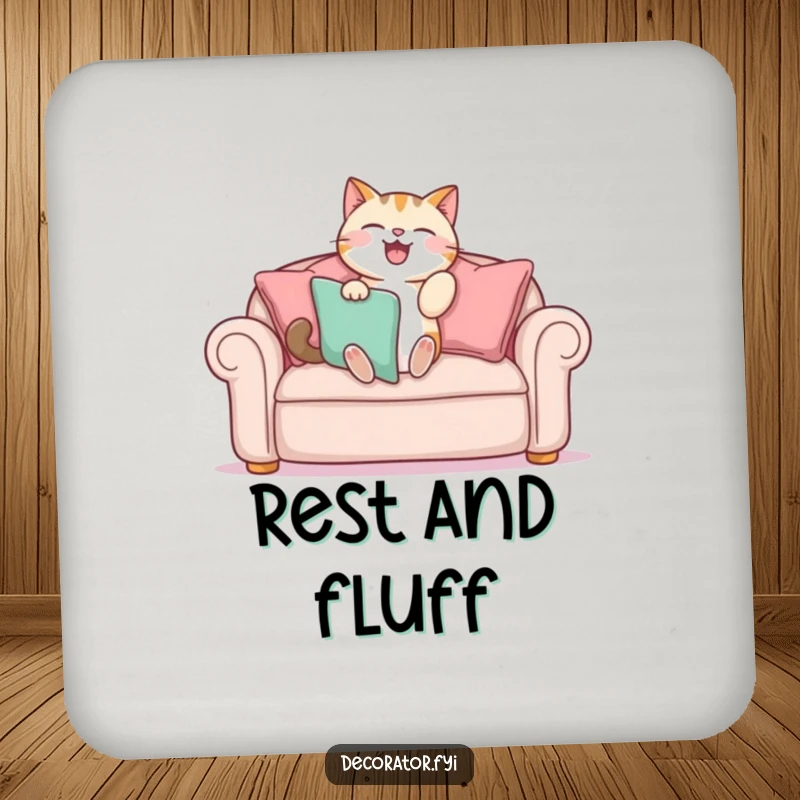 Funny drink coaster with a cat gleefully arranging sofa cushions, a humorous and functional home accessory for pet lovers.