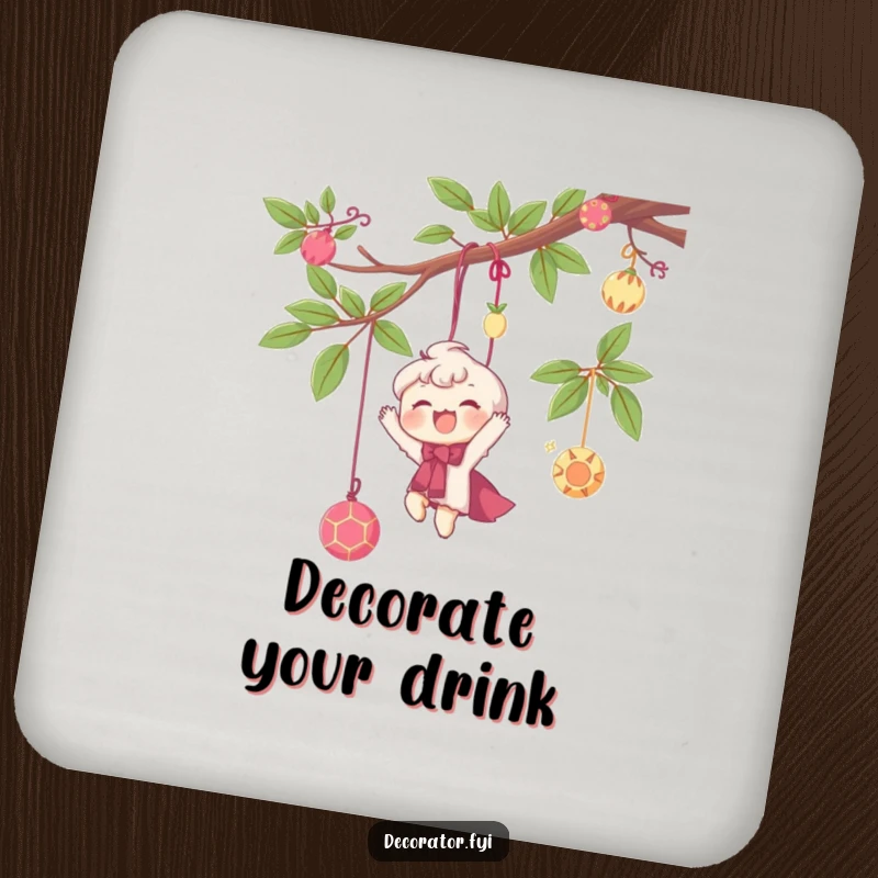 Funny drink coaster featuring a delighted character happily hanging whimsical decorations from a branch, adding whimsical charm and protection.