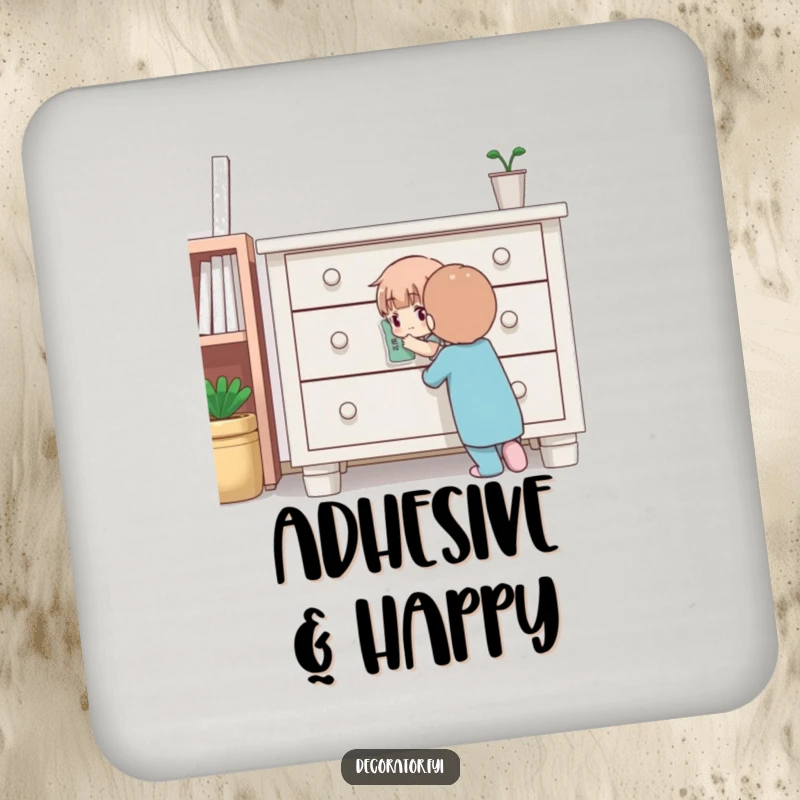 Funny drink coaster showing a determined character carefully applying a sticker to furniture, embodying precise decoration and surface protection.