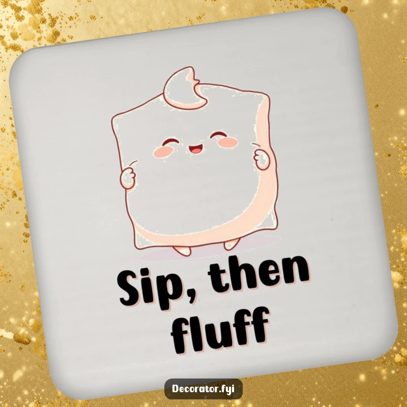 Funny drink coaster showing a happy character joyfully fluffing a giant pillow with both hands, embodying the pursuit of ultimate comfort.