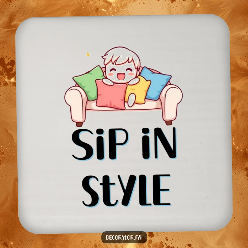 Funny drink coaster showing a playful character gleefully arranging colourful cushions on a sofa, embodying the pursuit of stylish comfort.