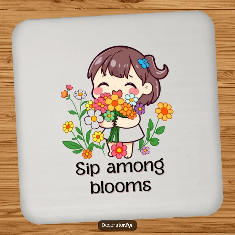 Funny drink coaster featuring a playful character joyfully arranging colorful flowers into a bouquet, adding floral charm and protection.