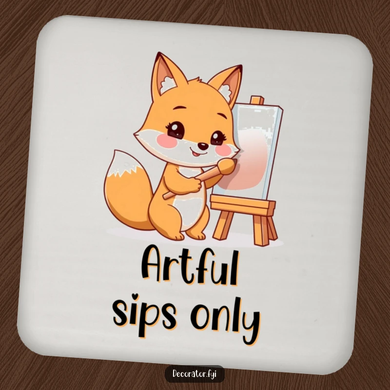 Funny drink coaster showing a smiling fox holding a paintbrush, perfect for protecting surfaces with artistic humor.