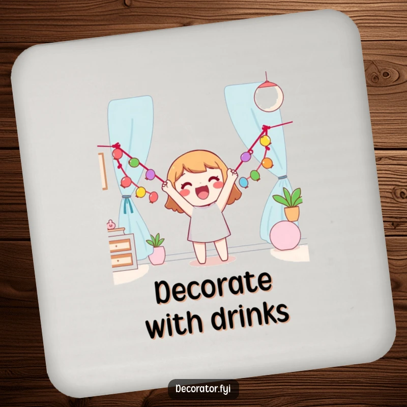 Funny Coaster showcasing a happy character enthusiastically hanging a garland, protecting surfaces with festive cheer.